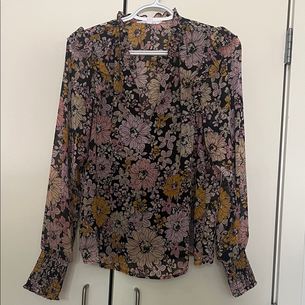 Smocked-Cuff Floral V-Neck Blouse with Pink & Yellow Flowers